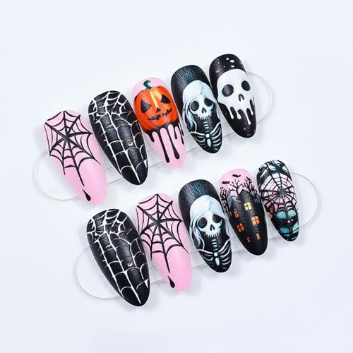 Halloween Fake Nails Set with Spider Web Skeleton Pumpkin Design - Medium Length Press-On Nails (Variation 7)