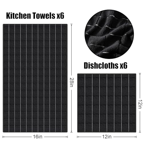 Homaxy Microfiber Kitchen Towels and Dishcloths Set - Black Plaid - 12 Pack
