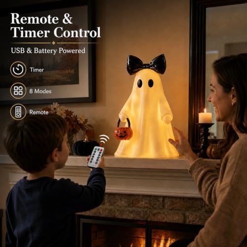 Large 14-Inch Lighted White Ghost Figurine with Pumpkin Lantern & Remote Timer - Halloween Decor Variation of Ghost with Pumpkin-White