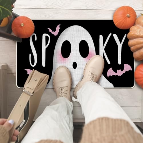 Black Halloween Kitchen Rugs Set of 2 Ghost Spooky Boo Non Slip Decor