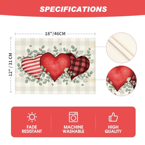 Rectangular Buffalo Plaid Eucalyptus Hearts Valentine Placemats Set of 4 - 12x18 Inch Holiday Table Decor