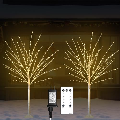 4Ft Lighted Birch Tree Set with 880 LEDs & 8 Modes - Indoor Outdoor Xmas Decor - 2 Pack