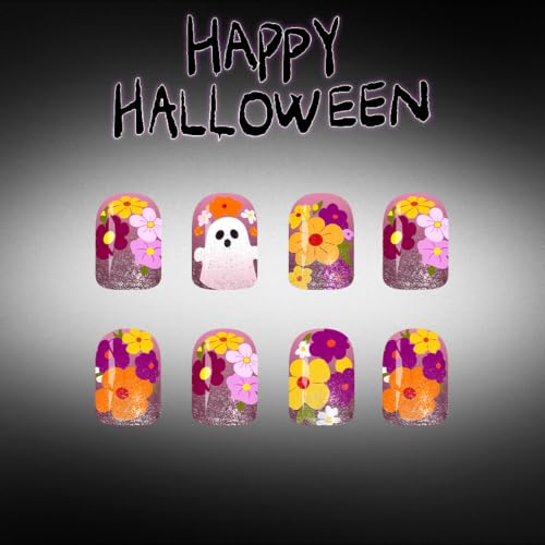 Halloween Short Square Fake Nails with Ghost & Flower Designs - 24 Pcs Plus Variation 25