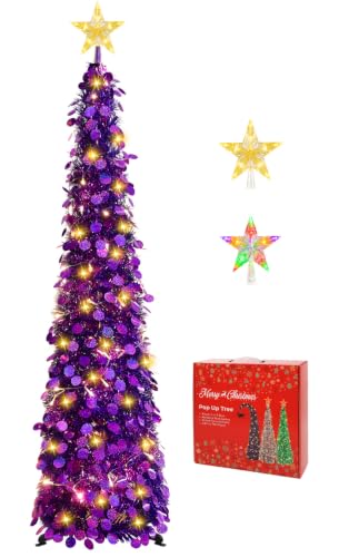 5FT Purple Lighted Christmas Tree with Star Topper - Pop-Up Holiday Decor
