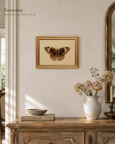 Vintage Butterfly Wall Art - Gold Frame 12x16 Inch, Peacock Pansy Variation