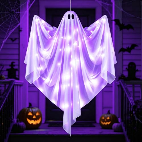 Halloween Hanging Light-up Ghost Decoration - 47-Inch Flying Purple LED Haunted House Prop