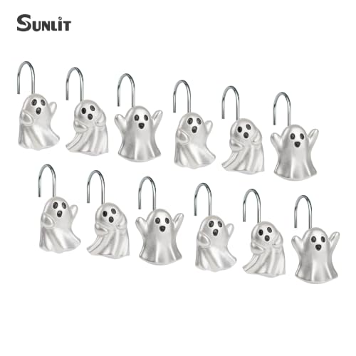 Ghost Shower Curtain Hooks Set - Silver Halloween Bathroom Decor, 12 Pieces