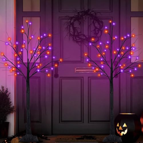 Halloween Black Tree with 100 LED Orange & Purple Lights - 4Ft, 2 Pack, Adjustable & Waterproof