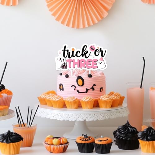 Halloween Themed Cake Topper Pink Trick or Three 3rd Birthday Decorations