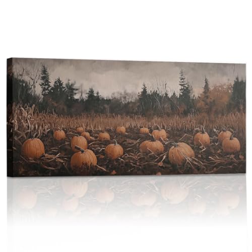 Large Fall Pumpkin Patch Canvas Wall Art - Framed 40x20 Inches - Orange Pumpkin Field