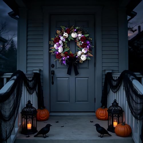 Gothic Halloween Wreath with Purple Lights - 20 Inch Front Door Decor