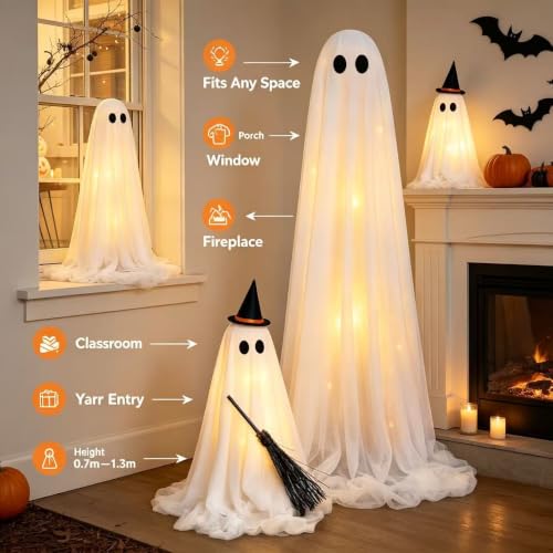 Halloween Ghost Decorations Lighted Indoor Outdoor Set - Adjustable Height Spooky Decor
