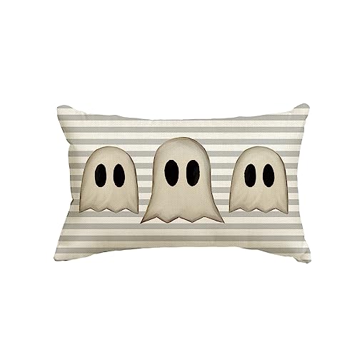 Grey Halloween Ghost Throw Pillow Cover 12x20 Inch Spooky Cushion Case for Sofa Couch