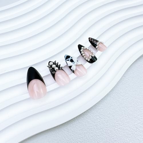 French Tip Press On Nails Set - Black Almond Fake Nails with Bow Rhinestones - Variation of THIS listing 18
