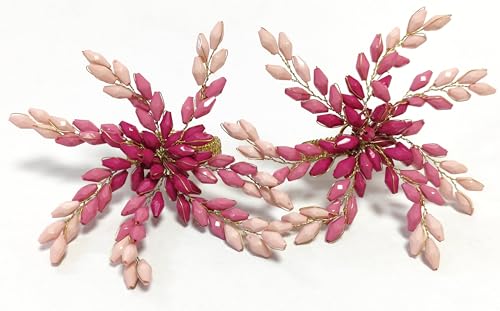 Pink Gold Beaded Napkin Ring Set of 12 with Leaves Design - Elegant Table Decor