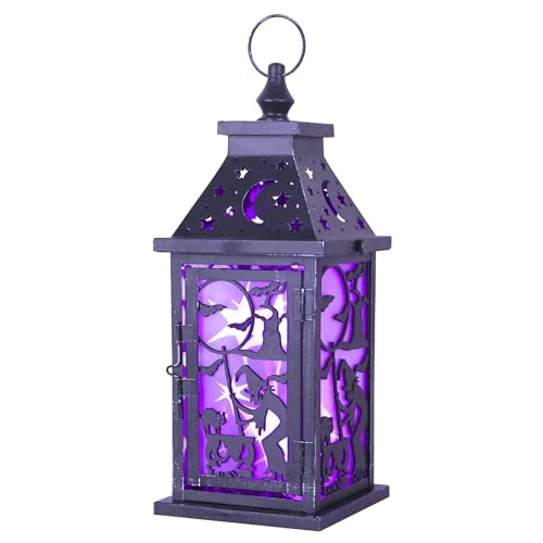Halloween Indoor & Outdoor Lantern with Witch, Bat & Cat Variation - 14.9" Spooky Candle Decor with 82" LED Lights