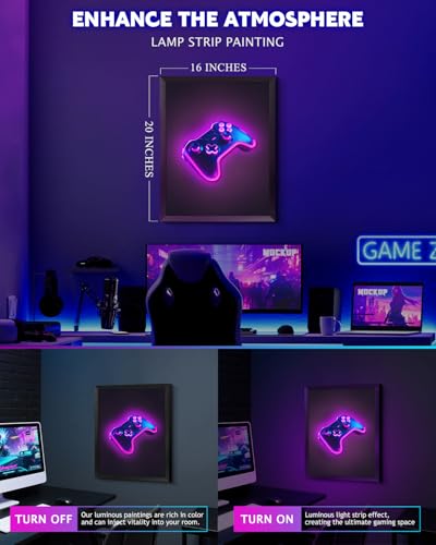Neon Game Controller Wall Art with LED Glow - Purple/Blue Cyberpunk Decor for Gaming Rooms & Bedrooms - 20L x 16W - Black Frame Variation