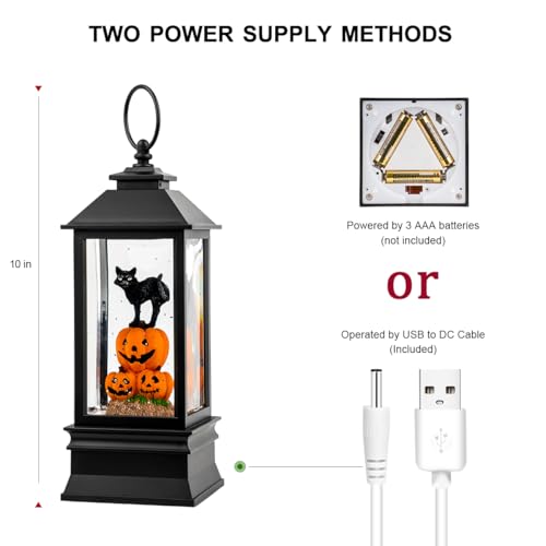 Halloween Snow Globe Lantern with Witch's Black Cat in Pumpkins - Spooky Music & Glitter, USB/Battery Operated - 10 Inch - Variation: Black Cat in Pumpkins