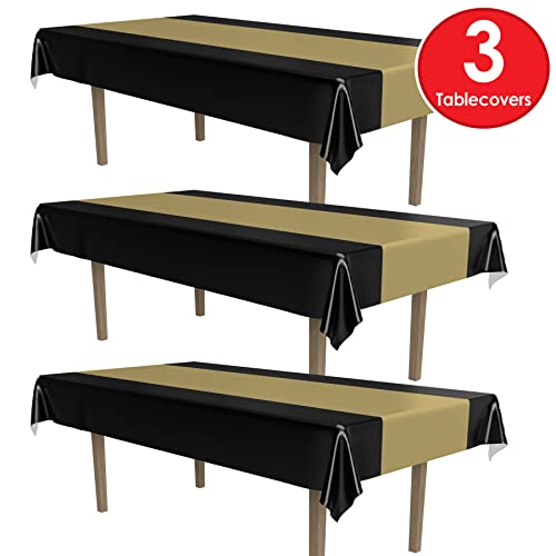 Black & Gold Striped Table Cover - 3 Pack for Party & Graduation Events