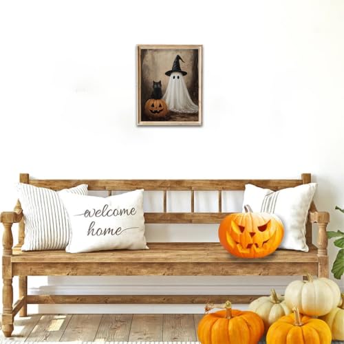 Halloween Ghost and Black Cat Wall Art - 8x10 Inch Canvas Print - Variation: Ghost and Black Cat