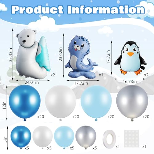 Winter Balloon Arch Kit with Polar Bear Penguin Seal Decorations - Blue, White, Silver, Variation