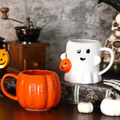 Halloween Ceramic Mug Set - Ghost Pumpkin 3D Design, 14 oz, LemonRoad