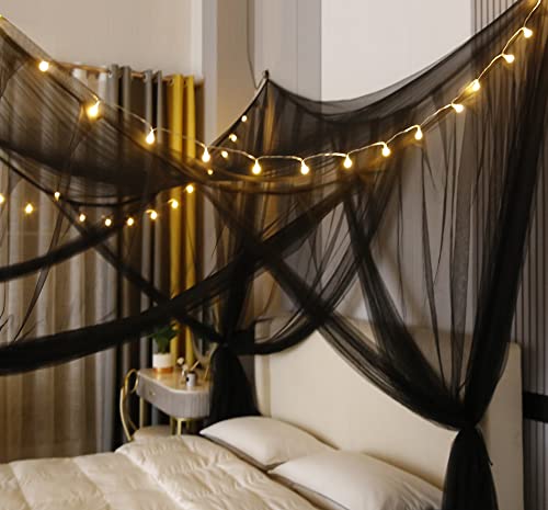 Black Canopy Bed Curtains with Lights for Full to King Size Bed - Halloween & Gothic Room Decor - 87x79x98 Inches