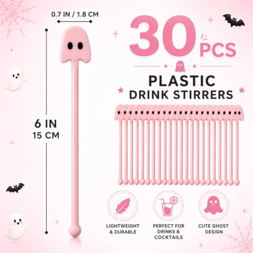 30 Pcs Halloween Pink Ghost Drink Stirrers - Fall Cocktail Swizzle Sticks