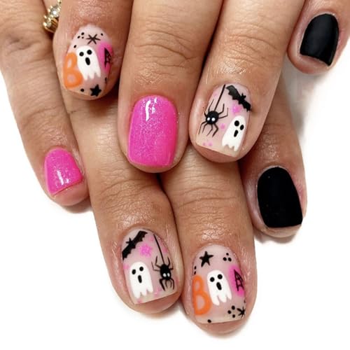 Halloween Short Square Press On Nails with Bat Spider Ghost Designs - Black & Pink 27