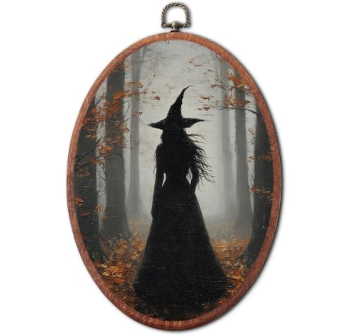 Forest Witch Silhouette Halloween Wall Art - Oval Framed Canvas, Variation 31