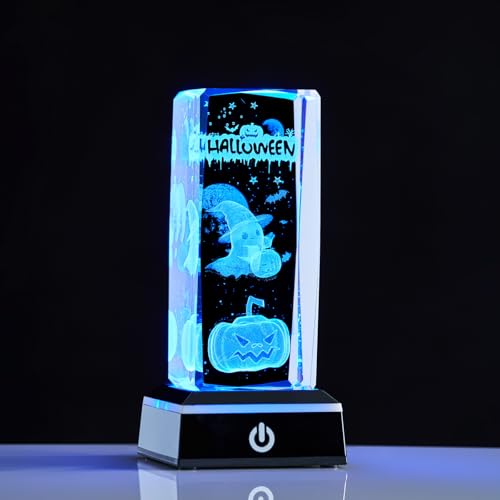 Halloween 3D Crystal Night Light Pumpkin Ghost Skull LED Lamp with Colorful Base - Gift Box Included