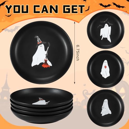 Halloween Ghost Ceramic Plates - Set of 4 Matte Black Decorative Dinnerware