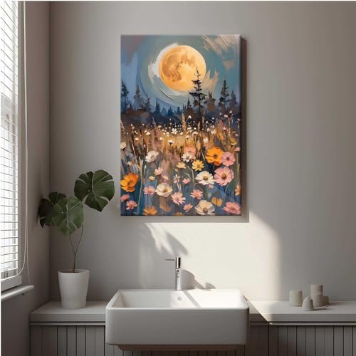 Wildflowers Wall Art Decor - Gothic Enchanted Full Moon Oil Painting Canvas - Framed 12x18in