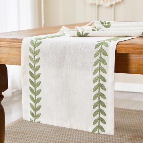 Embroidered Light Green Table Runner 13x90 Inches - Elegant Linen & Polyester