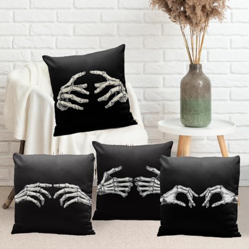 Skeleton Hands Pillow Covers Set of 4 - 18x18 Inch Halloween Gothic Decor