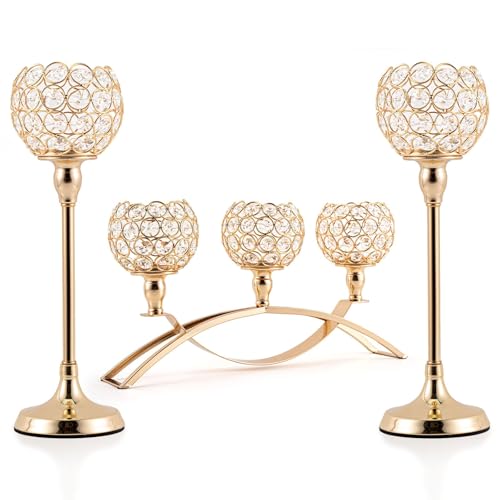 Gold Crystal Candle Holders Set of 3 - 4-inch Crystal Ball Centerpieces with Variation 8.3