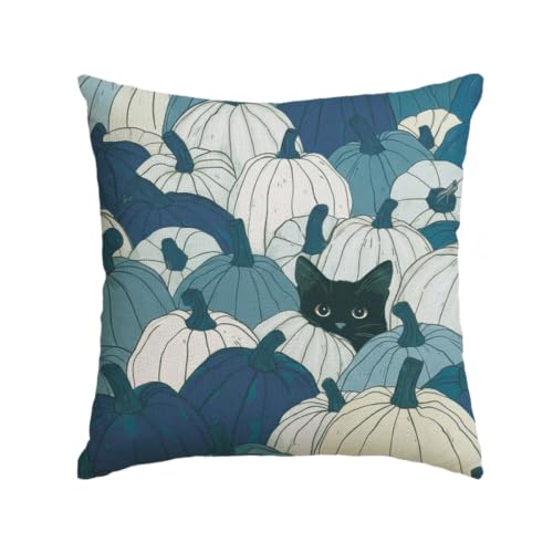 Blue Fall Pumpkin Black Cat Throw Pillow Cover 18x18 Inch - Pack of 1