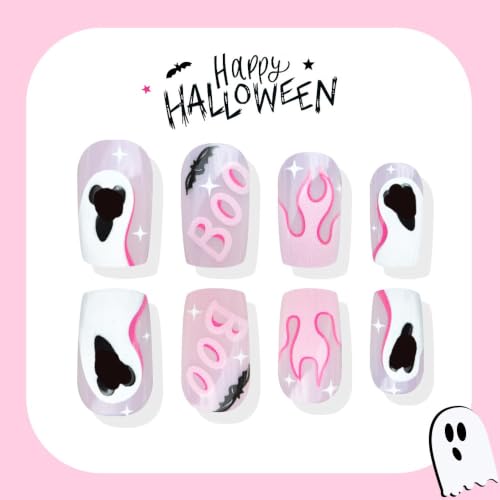 Sevgob Halloween Pink Press On Nails with Ghost & Bat Design - Medium Square, Reusable, 24 Pieces - Color49