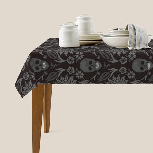 Gothic Black Tablecloth - Skeleton Floral Rectangular Waterproof 54x72 Inch - Obilvix Variation