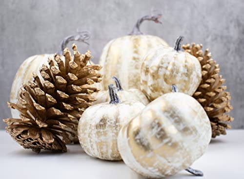 Gold Pumpkins Set of 12 with White Brush - Fall Thanksgiving Decor for Home & Outdoor