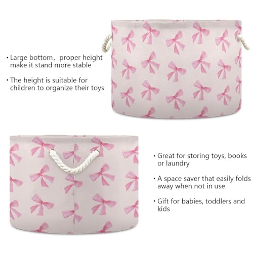 Pink Bow Round Storage Basket A61 - Laundry, Nursery & Living Room Organizer