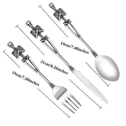 Skeleton Skull Silverware Set - 3-in-1 Stainless Steel Flatware for Halloween and Holidays - Silver / Skeleton Design