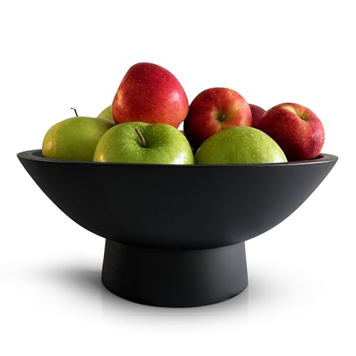 Black Pedestal Fruit Bowl 12 Inch - Wooden Decorative Centerpiece, Kitchen & Dining