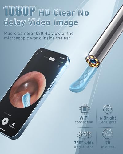 Deep Blue Ear Wax Removal Kit with Camera and Light - 1080P, Includes 6 Soft Spoons