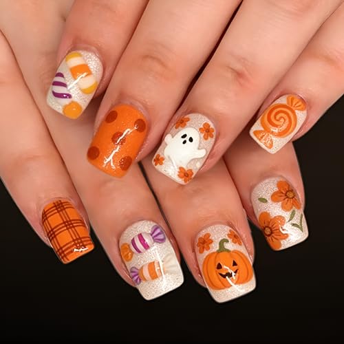 Halloween Press-On Nails Short Square Fake Nails Pumpkin Ghost with Flower Design - Orange Candy Variation 24Pcs