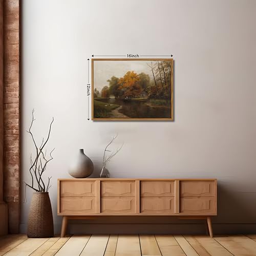 Autumn by the Water Floating Canvas Wall Art - 16x12 Inch Nature Landscape Decor