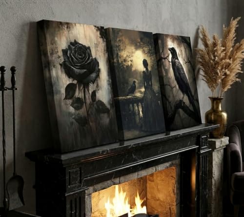 Crow Woman Gothic Canvas Wall Art Dark Academic Decor 16x24in Framed - Variation of Crow Woman / Wrapped Canvas / 24"L x 16"W