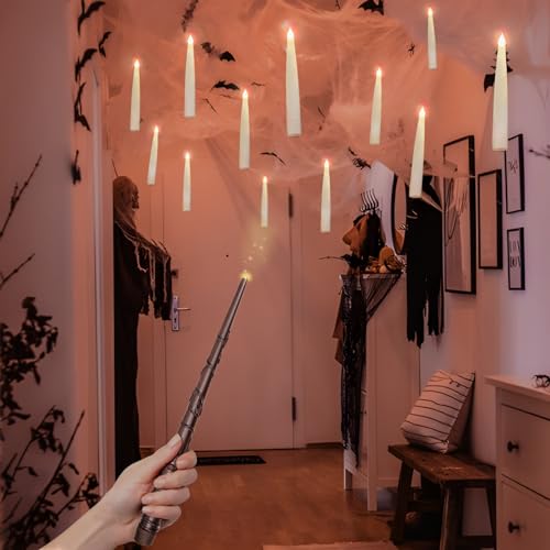 Floating Candles with Wand Remote - 12 Pcs Flickering Light & Hooks, Magic Decor