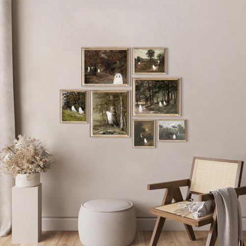 Halloween Wall Art Prints - Cute Ghost in Vintage Autumn Landscape - Fun Ghost Variation