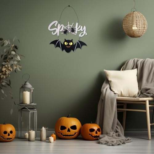Halloween Door Sign Wooden Spooky Wall Decor - Black Bat & Spiderweb